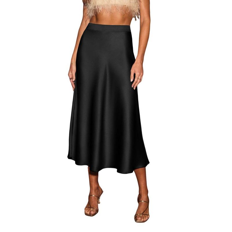 Women's Satin Skirt Elegant Flowy A Line Cocktail Party Wedding High Waisted Long Midi Skirts Fall Summer Vacation Outfits Dresses,Black,L