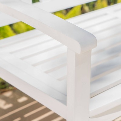 White Acacia Wood Outdoor Patio Bench with Slatted Back