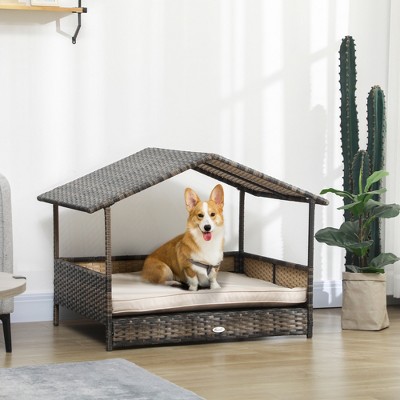 Khaki Elevated Wicker Dog House with Removable Cushion