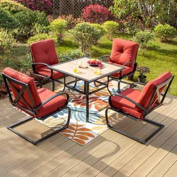 5pc Patio Dining Set with Square Faux Wood Table with Umbrella Hole & 4 Metal Spring Motion Chairs - Red - Captiva Designs