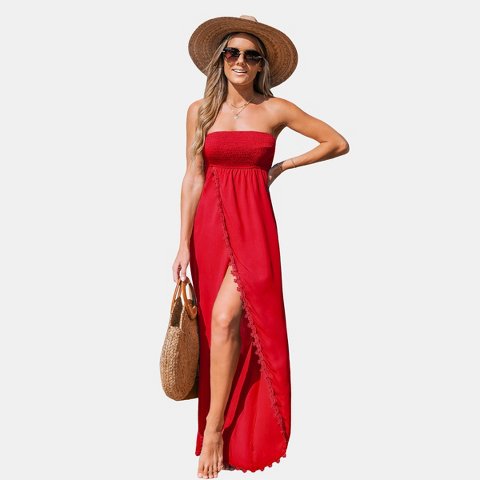 Женские платья Cupshe Women's Chic Strapless Maxi Dress with Lace Trim-XL-Red