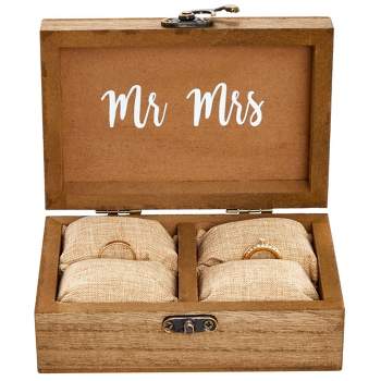 Juvale Mr & Mrs Wood Engagement and Wedding Ring Box with Burlap Pillow Lining