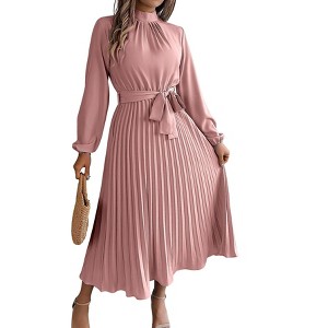 Women Pleated Dress Long Sleeve Stand Up Collar A-Line Flowing Dress With Belt - 1 of 4