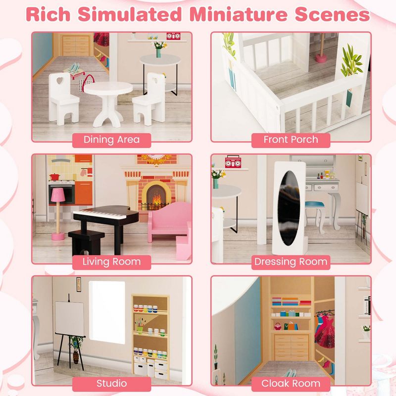 Costway Kids Wooden Dollhouse Semi-Opened DIY Playset with Simulated Rooms & Furniture, 5 of 11