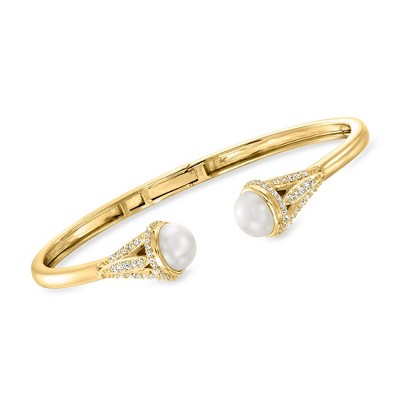 Ross-Simons 8mm Cultured Pearl and .80 ct. t.w. White Topaz Cuff Bracelet in 18kt Gold Over Sterling