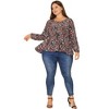 Agnes Orinda Women's Plus Size Round Neck Button Up Puff Floral Long Sleeve Casual Peplum Blouses - 3 of 4