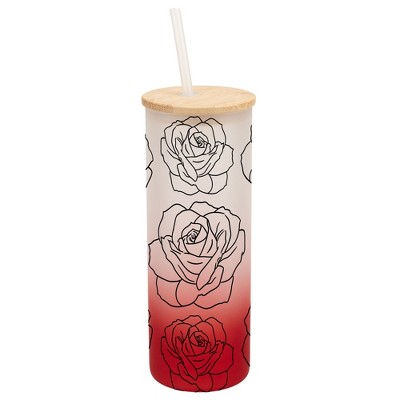 Elanze Designs Rose Flower Garden Wrap-Around Design 25 Ounce Frosted Gradient Glass On-The-Go Coffee Travel Skinny Tumbler Mug Cup, Bamboo Lid and