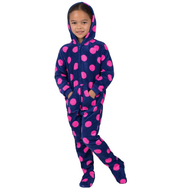 Footed Pajamas - Family Matching - Navy Pink Polka Hoodie Chenille Onesie For Boys, Girls, Men and Women | Unisex, 2 of 4