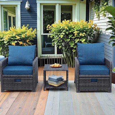 5-Piece Outdoor Seating Set, 2-Seater Conversation Set with Table and Ottoman, Wicker Chair with Iron Frame and Foam Cushions-Coolbibila
