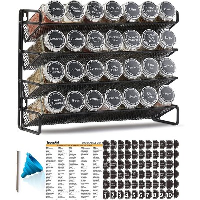 SpaceAid 4 Tier Spice Rack Organizer with 28 Jars, 386 Labels, for Cabinet, Countertop, Pantry or Wall Mount