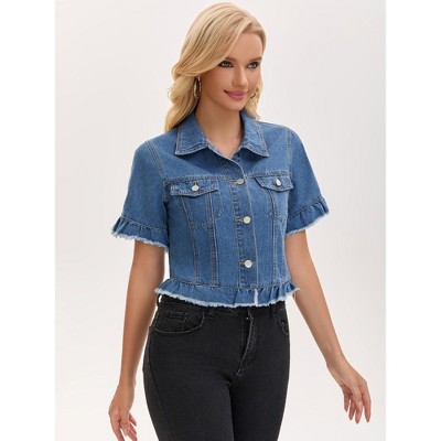 INSPIRE CHIC Women's Turndown Collar Short Sleeve Denim Lightweight Ruffle Cropped Jean Jacket Small Blue — фото 2