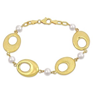 EVERLY JEWELRY | 18K Yellow Gold Plated 6-7mm Cultured Freshwater Pearl and Oval Disc Station Chain Bracelet - 8.5 in - 1 of 4