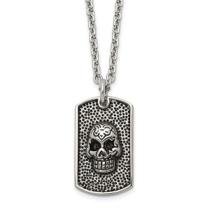 Chisel Stainless Steel Antiqued and Polished Skull Dog Tag on a 24" Cable Chain Necklace - 1 of 4
