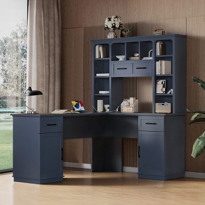 L-Shaped Computer Desk with Hutch, Power Outlet, Cabinets, Drawers and Open Shelves, MDF Home Office Desk for Study, Workstation - Cuddlewood