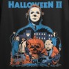 Halloween II Michael Myers, Samuel Loomis, Pumpkin skull, City and Cars Illustration style on Black Short Sleeve Adult Crop T-Shirt - 2 of 3