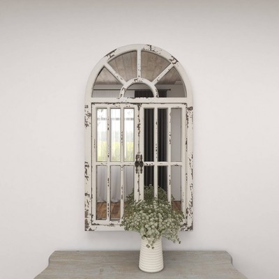 Vintage Farmhouse 26x46 Distressed White Wooden Arched Wall Mirror