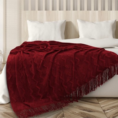 Wine Red Knitted Fleece Throw Blanket with Fringe