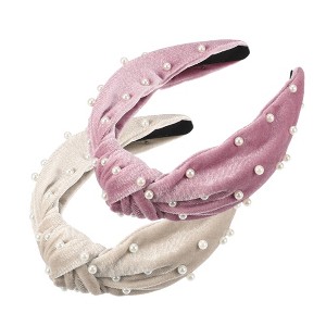 Unique Bargains Women's Velvet Faux Pearl Knotted Headband 2 Pcs - 1 of 4