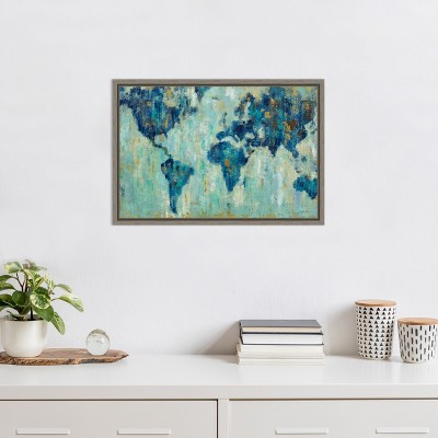 Impressionist Blue and Gold World Map Canvas Print with Gray Frame