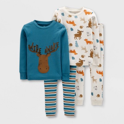 Baby Boys' 4pc Moose Long Sleeve Snug Fit Pajama Set - Just One You® made by carter's Blue/White 12M