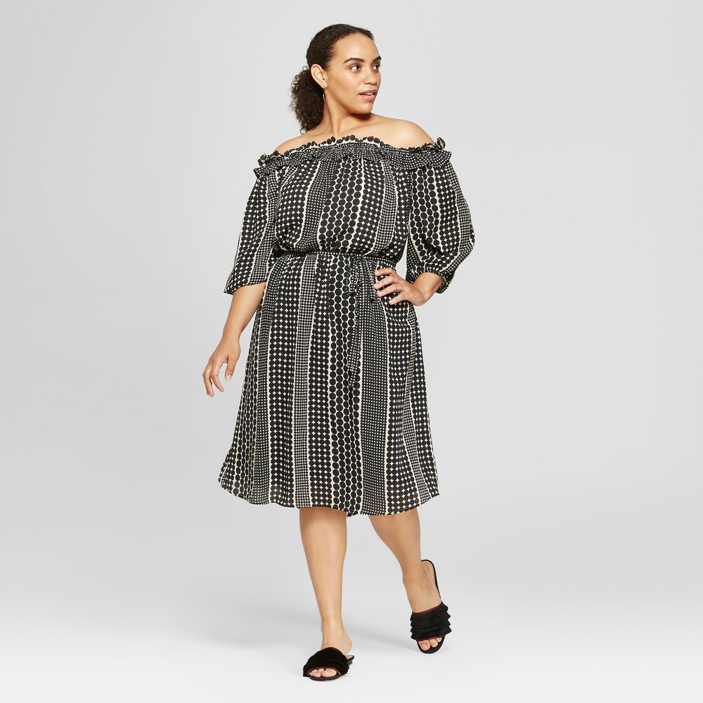 Women's Plus Size Polka Dot Ruffle Bardot Dress - Who What Wear Black 4X, Size: Small was $36.99 now $12.94 (65.0% off)