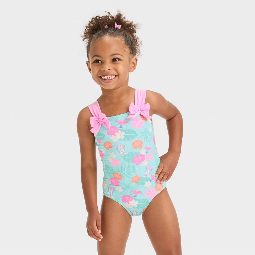 Photos - Swimwear Disney Toddler Girls'  Minnie Mouse One Piece Swimsuit - Aqua Green 2T 