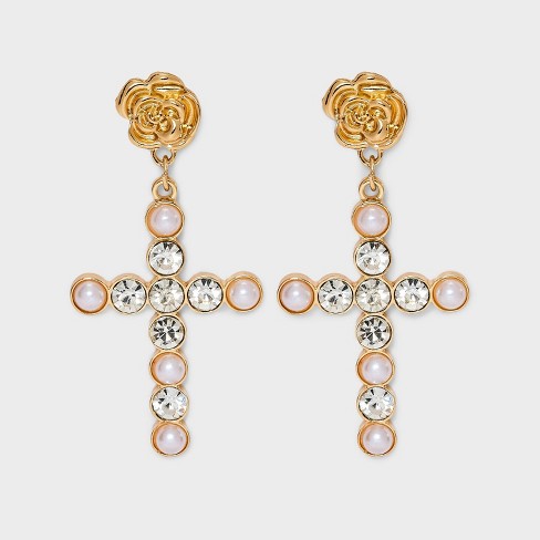 Rose and Cross Charm Drop Earrings - Wild Fable™ Gold