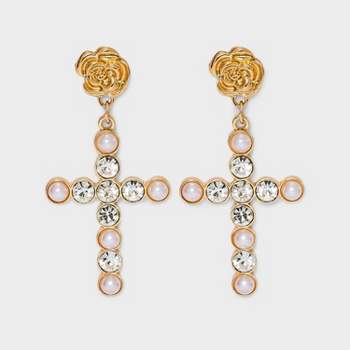 Rose and Cross Charm Drop Earrings - Wild Fable™ Gold