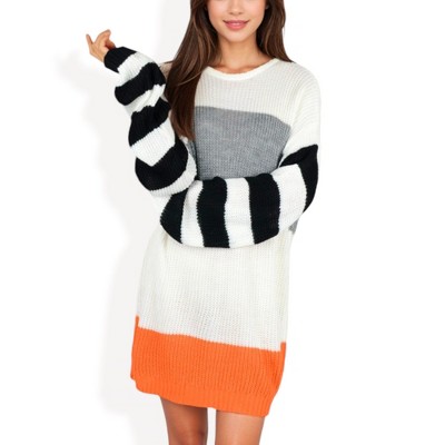Anna-Kaci Women's Long Sleeve Color Block Sweater Dress with Striped Sleeves Casual Loose Knit Pullover Tunic