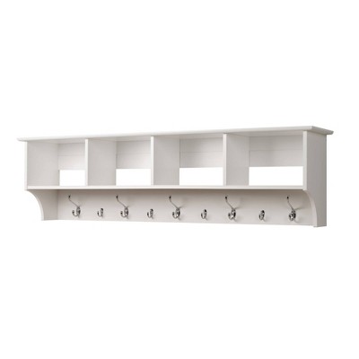 Prepac 60" Wide Hanging Entryway Shelf White: Wall Mounted Storage with 9 Hooks, Laminated Wood Composite