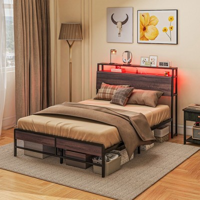 NicBex Full/Queen Platform Bed Frame with Storage Headboard,Metal Platform Bed with LED Light,Charging Station,Under Bed Storage,Easy Assembly,Walnut