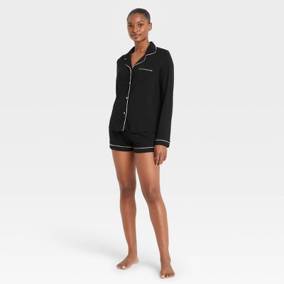 Women's Beautifully Soft Long Sleeve Notch Collar Top and Shorts Pajama Set - Stars Above™ Black M