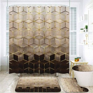 4Pcs Brown Gradient Shower Curtain Set, Modern Geometric with Golden Cubic Lines and Mats Shower Curtain: 70.8" L X 70.8" W - 1 of 4