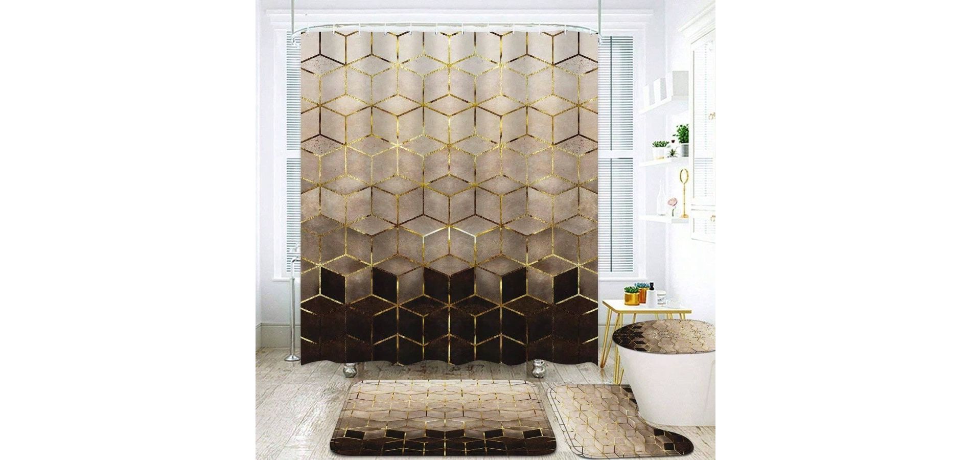 4Pcs Brown Gradient Shower Curtain Set, Modern Geometric with Golden Cubic Lines and Mats Shower Curtain: 70.8" L X 70.8" W