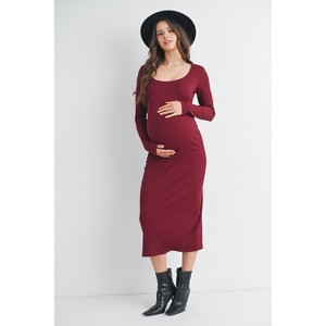Hello Miz Women's Ribbed Long Sleeve Scoop Neck Maternity Midi Dress - 1 of 4