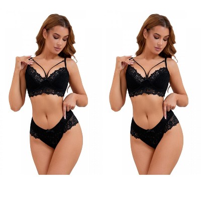 INSPIRE CHIC 2 Sets Women's Cross-Straps Bralette and Panty Mesh Floral Lace Bra and Underwear