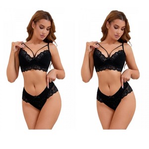 INSPIRE CHIC 2 Sets Women's Cross-Straps Bralette and Panty Mesh Floral Lace Bra and Underwear - 1 of 4