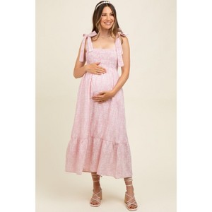 knee length dresses for ladies Pink Floral Deep V-Neck Ruffle Maternity Midi Dress – The Prissy Pelican main image 1