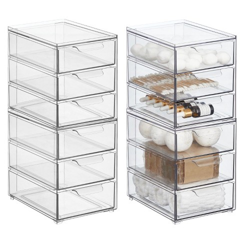mDesign Clarity Plastic Stackable Bathroom Storage Organizer with Drawer -  14 x 14.6 x 8.2, 4 Pack