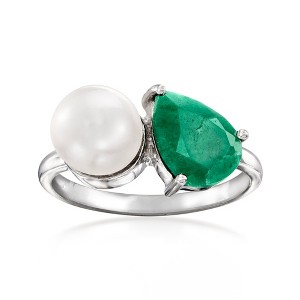 Ross-Simons 7.5-8mm Cultured Pearl and 1.70 Carat Emerald Toi Et Moi Ring in Sterling Silver - 1 of 4