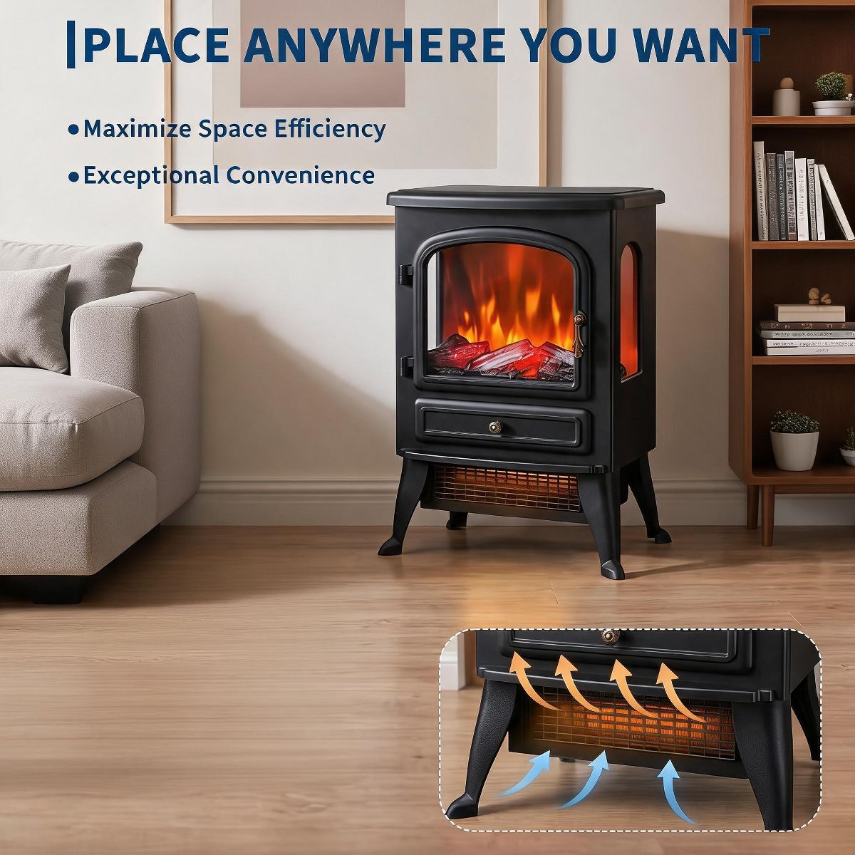 Garvee Freestanding Electric Fireplace Stove with 3-Sided Glass, 750W/1500W Heater with Thermostat, 5118 BTU, Multicolor Flame - thumbnail 2