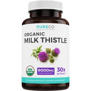 Organic Milk Thistle Capsules, Supports Liver Cleanse, Liver Detox & Gut Health, Pure Co, 60ct - 1 of 4