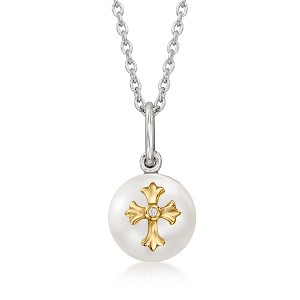 Ross-Simons 8.5-9mm Cultured Pearl Cross Pendant Necklace With Single Diamond in 14kt Yellow Gold and Sterling Silver Size 18 - 1 of 4