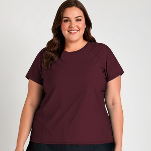 Calypsa Women's Plus Size Loose Fit Short Sleeve UPF 50+ Adele Swim Top - 1 of 3