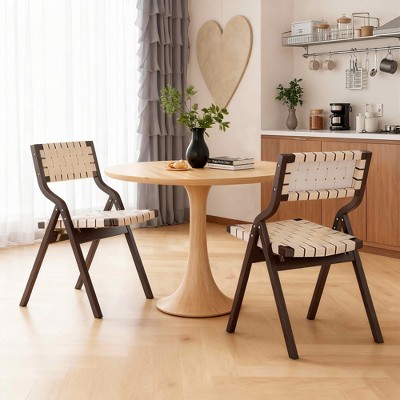 MAYEERTY 2-Set Wood Foldable & Stackable Dining Chairs for Dining Room, Woven Seat & Back, Beige - Walnut