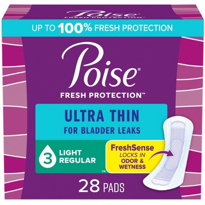 Poise Ultra Thin Incontinence Pads for Women - Light Absorbency - 3 Drop - Regular - 28ct