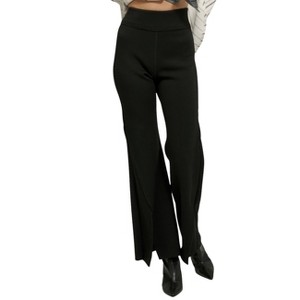 Slickblue Women's Flare Pants, Raw Edge Exposed Seam Design, Knit Stretch Fit, Wide Waistband, Black, Size S-L - 1 of 4