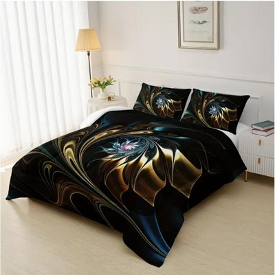 Boersma 3pcs Comforter Set, Modern Fashion Black And Golden Quicksand Floral Print Bedding Set, Soft Comfortable Duvet, Perfect For Bedroom
