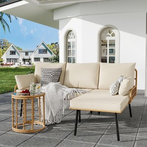 3 Piece Rattan Patio Furniture Set, Outdoor Wicker Sectional L-Shaped Sofa with Cushion and Coffee Table, All Weather Conversation Set for Deck, Poo - 1 of 4