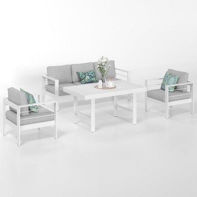 Heynemo Aluminum Patio Furniture Set, 4 Pcs Modern Outdoor Conversation Set Couch Sofa with Upgrade Cushion and Dining Table
